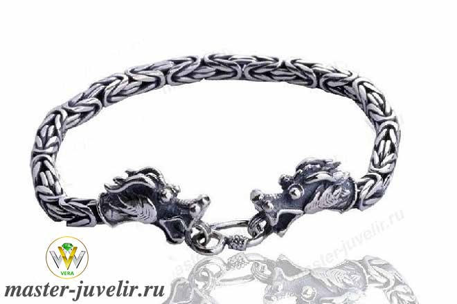 Купить серебряный браслет драконы плетение лисий хвост в ювелирной мастерской