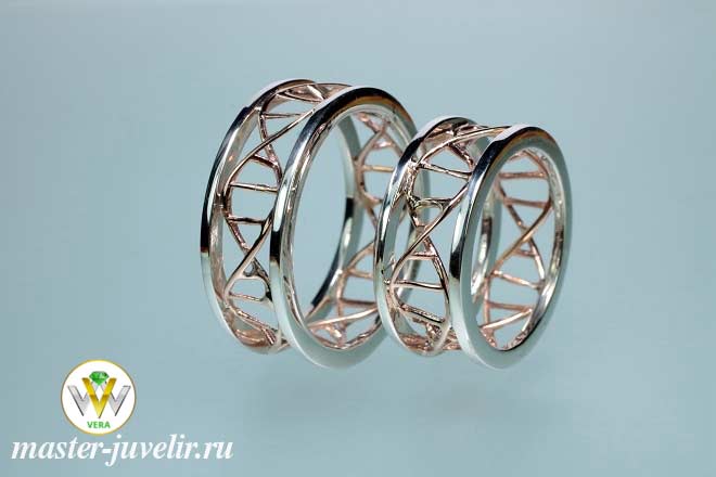 Купить обручальные кольца днк комбинированные из золота и серебра  в ювелирной мастерской