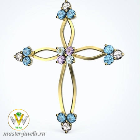 Купить золотой крестик с топазами белыми, голубыми и розовыми в ювелирной мастерской
