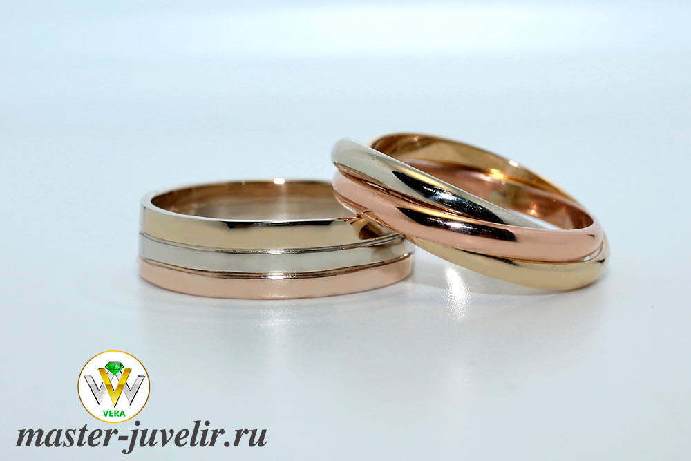 Купить обручальные кольца из трех цветов золота (реплика тринити) в ювелирной мастерской