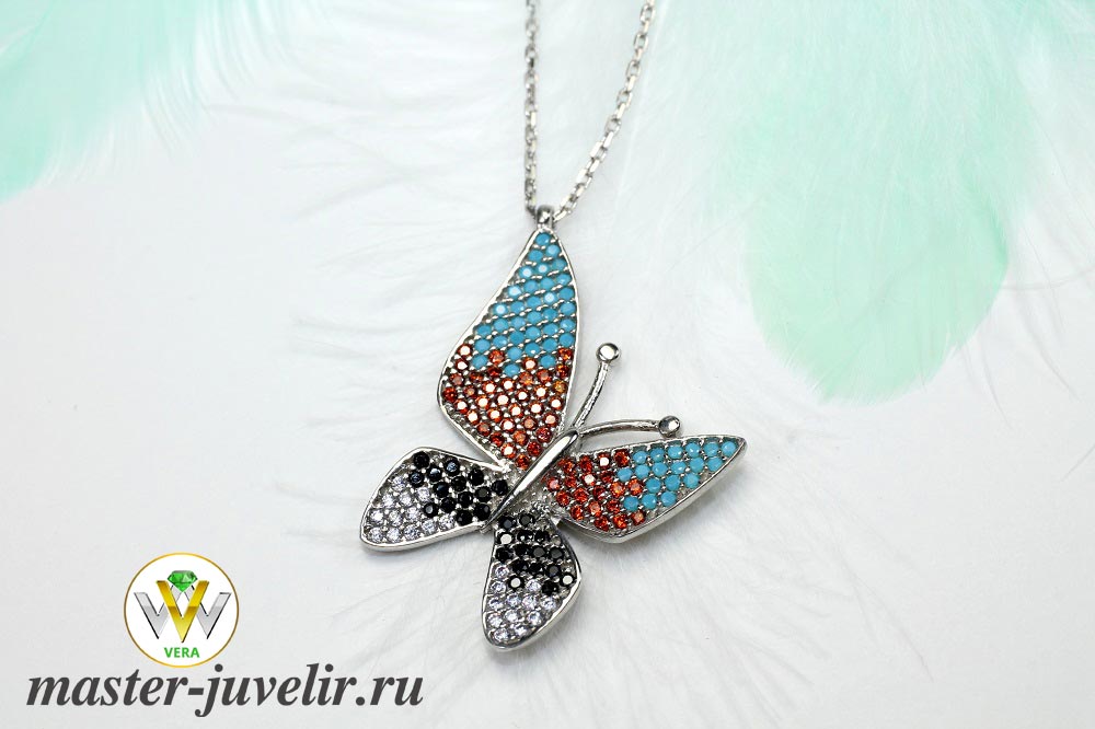 Купить подвеска бабочка серебряная с цветными камнями  в ювелирной мастерской