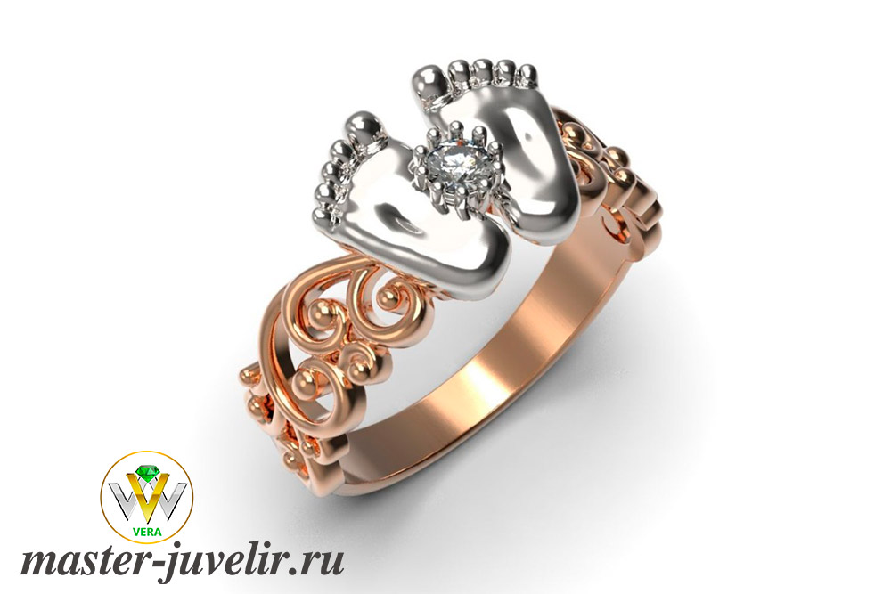 Купить узорное кольцо из розового и белого золота ножки младенца в ювелирной мастерской