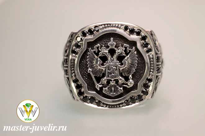 Купить печатка серебряная герб россии с черными фианитами в ювелирной мастерской