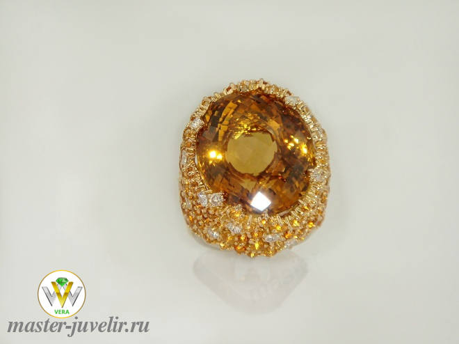 Купить золотое кольцо с  бриллиантами цитринами и большим цитрином в ювелирной мастерской
