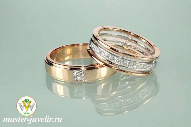 Купить обручальные кольца с бриллиантами из красного и белого золота в ювелирной мастерской