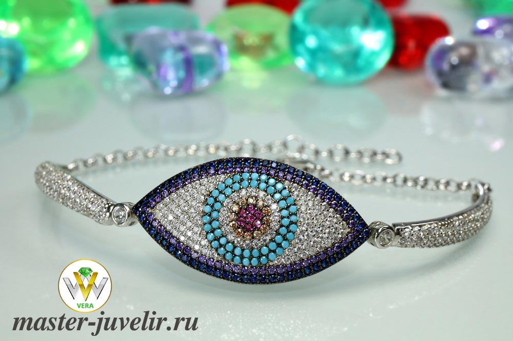 Купить браслет женский серебряный с узором из камней в виде глаза в ювелирной мастерской