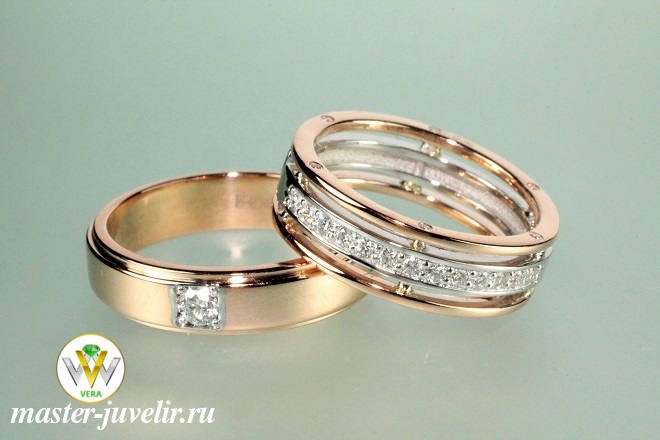 Обручальные кольца с бриллиантами из красного и белого золота