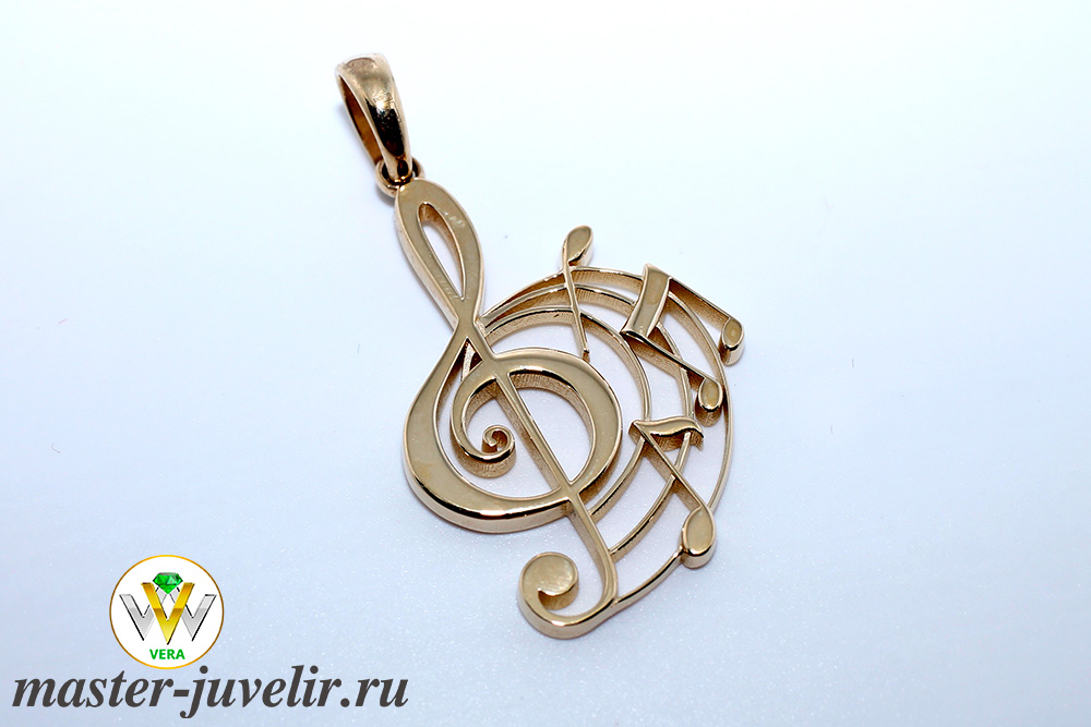 Купить кулон из золота скрипичный ключ с нотами в ювелирной мастерской