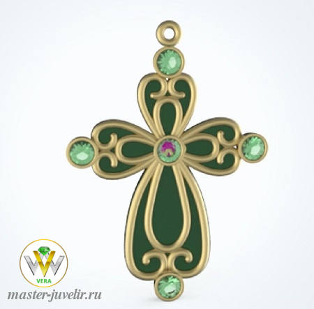 Купить декоративный крестик с зеленной эмалью и хризолитами в ювелирной мастерской