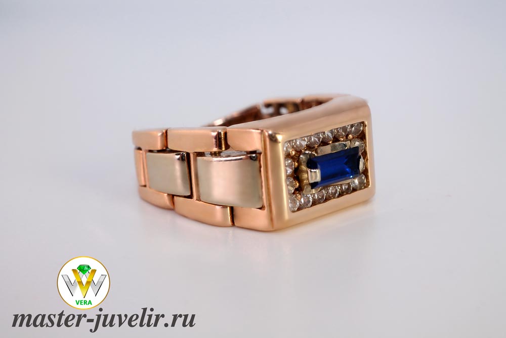 Мужское кольцо гибкое в виде браслета с синими и белыми камнями