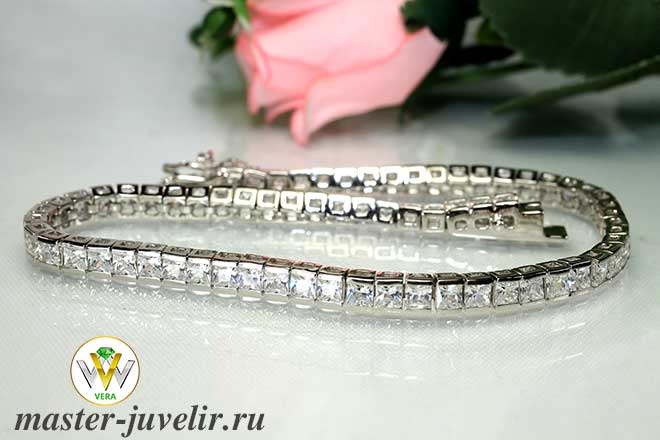 Купить браслет серебряный родированный с квадратными белыми камнями в ювелирной мастерской