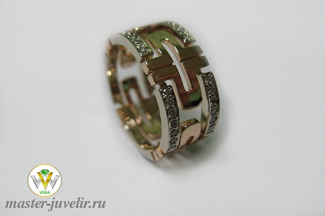 Купить кольцо широкое из комбинированного (красного и белого) золота с бриллиантами в ювелирной мастерской
