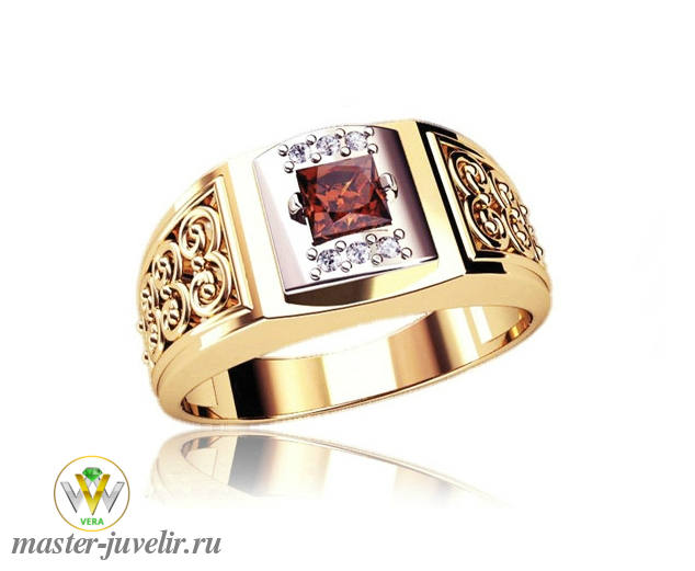 Купить золотое мужское кольцо печатка с рубином и бриллиантами в ювелирной мастерской
