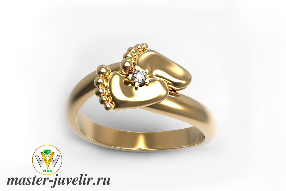 Купить кольцо из золота 750 пробы пяточки малыша с бриллиантом в ювелирной мастерской