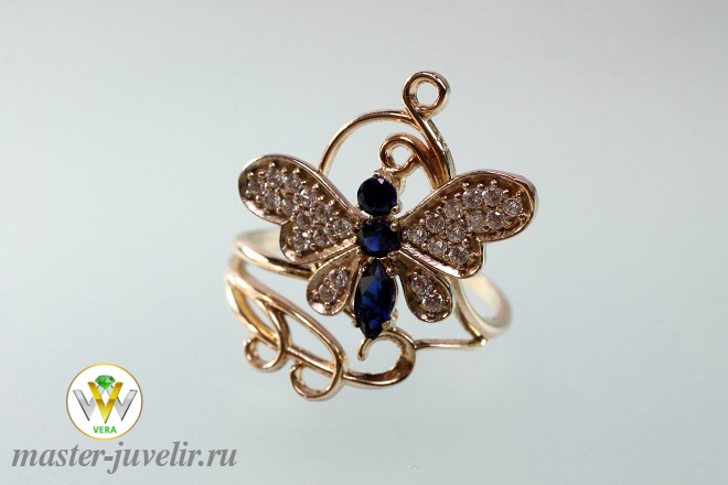 Изысканное золотое кольцо Бабочка с синими и белыми фианитами