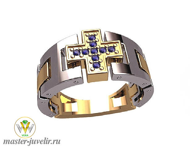 Купить кольцо гибкое двухцветное с крестом из сапфиров в ювелирной мастерской