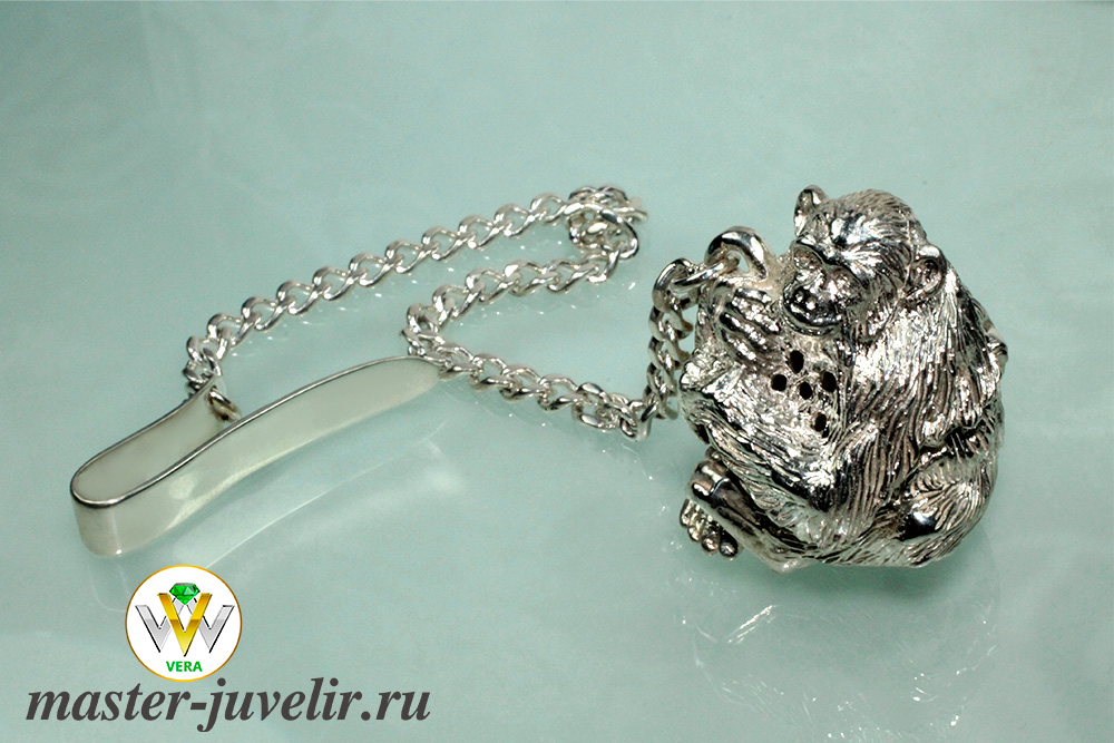 Купить серебряный сувенир обезьянка в виде ситечка для заваривания чая с цепочкой в ювелирной мастерской