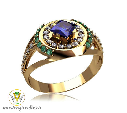 Купить мужское золотое кольцо с сапфиром, изумрудами и бриллиантами в ювелирной мастерской