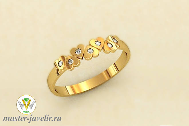 Купить кольцо женское золотое с белыми фианитами в сердечках в ювелирной мастерской