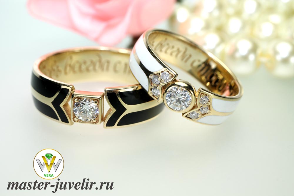 Купить эксклюзивные обручальные кольца с бриллиантами и эмалью в ювелирной мастерской