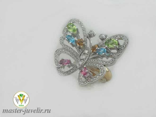 Купить кольцо бабочка из комбинированного золота с полудрагоценными камнями  в ювелирной мастерской