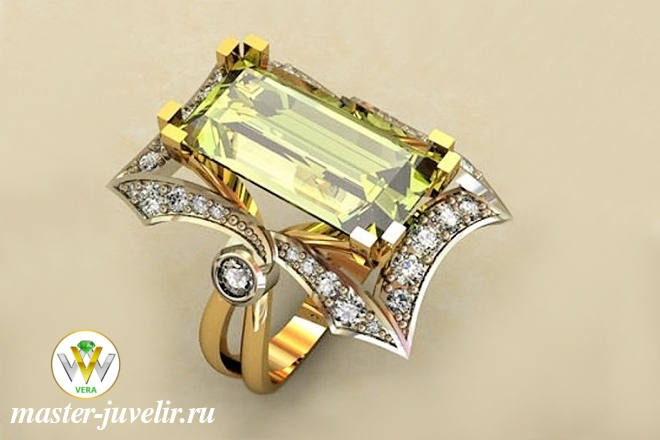 Купить золотое кольцо с крупным цитрином обрамленный дорожками из цирконов в ювелирной мастерской