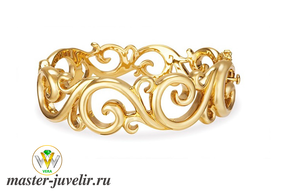 Купить широкий золотой браслет эксклюзивный женский в ювелирной мастерской