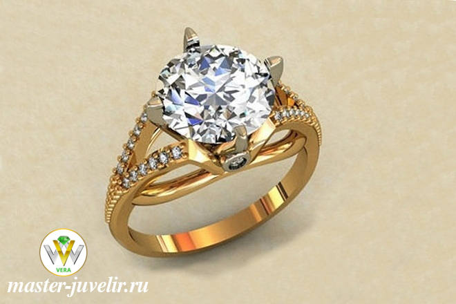 Купить кольцо золотое женское с большим горным хрусталем и цирконами  в ювелирной мастерской