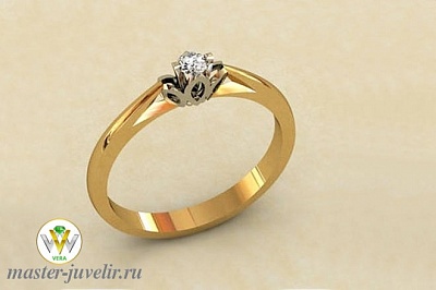 Золотое кольцо с бриллиантом в резной оправе из белого золота
