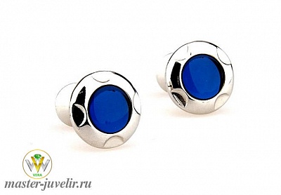 Серебряные запонки круглые с эмалью синего цвета