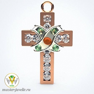 Крестик декоративный из красного золота с накладкой из белого золота с камнями