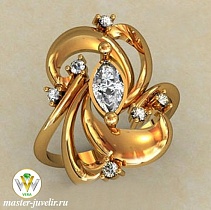 Кольцо золотое женское в стиле стилизованного узора с горным хрусталем и фианитами