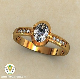 Кольцо золотое в стиле классики с овальным горным хрусталем и бриллиантами