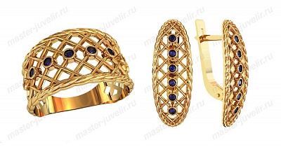 Золотой комплект Сетка:кольцо и серьги с сапфирами