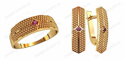 Золотой комплект Шарики с агатами: кольцо и серьги