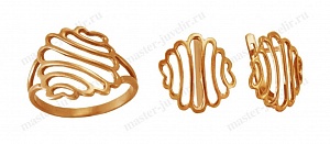 Комплект золотой женский: кольцо, серьги