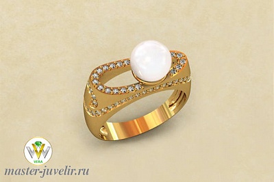 Золотое кольцо с большим жемчугом и бриллиантами