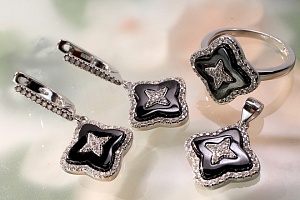 Комплект из серебра крестики с черной эмалью (серьги, кулон, кольцо)  