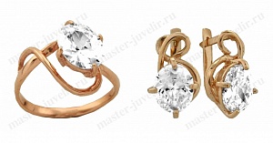 Золотой гарнитур с полудрагоценными камнями: кольцо и серьги Кп100 380-385