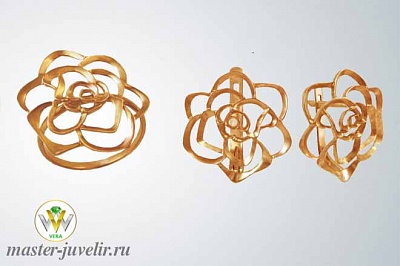 Золотой комплект в виде ажурных цветов - кольцо и серьги