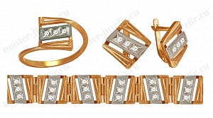 Гарнитур в комбинированном золоте: кольцо, серьги, браслет