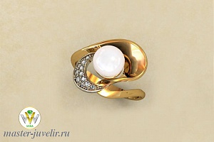 Фантастическое кольцо из комбинированного золота с жемчугом и фианитами