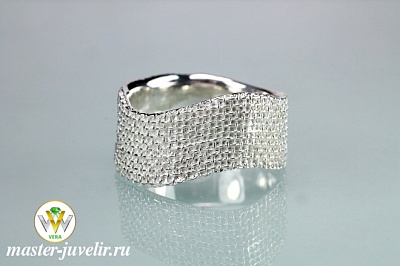 Необычное кольцо Сетка широкое серебряное 