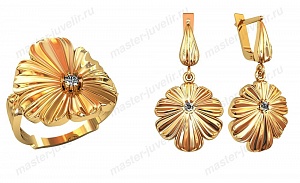 Золотой гарнитур Цветки с бриллиантами: кольцо и серьги длинные