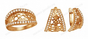 Гарнитур золотой (серьги, кольцо) с циркониевыми дорожками