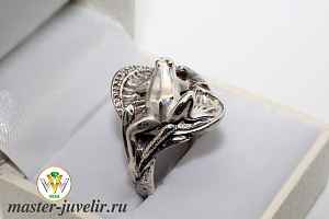 Кольцо серебряное Лягушка на кувшинке