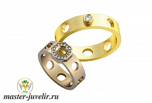 Обручальные кольца золотые гайки с бриллиантами