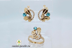 Золотой комплект Трилистник с топазами и бриллиантами (кольцо,серьги)