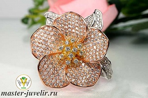 Нежное кольцо цветок из серебра с камнями и позолотой