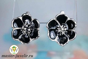 Серьги серебряные Цветы с черной эмалью